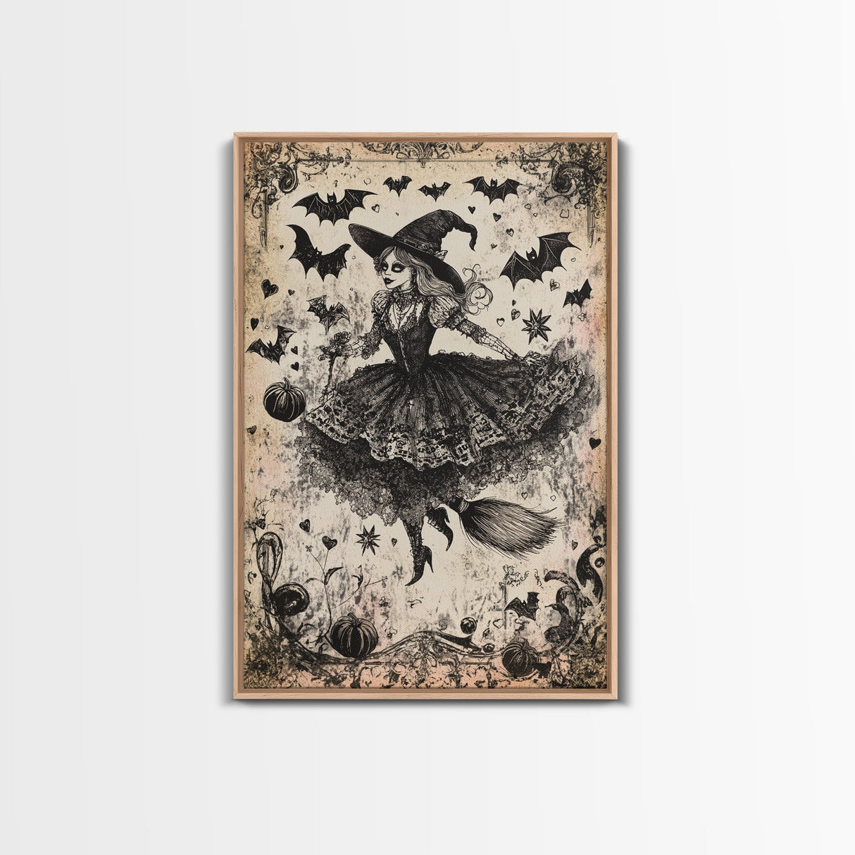 Spooky Season Halloween Witch, Witchy Decor Canvas Print, Black and White Witch Painting Print, Charcoal Sketch Of a Witch