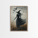 The Witch and her Ravens, Framed Canvas print, Spooky Season Halloween Wall Art, Gothic Home Decor, Witch Wall Art, Halloween Art