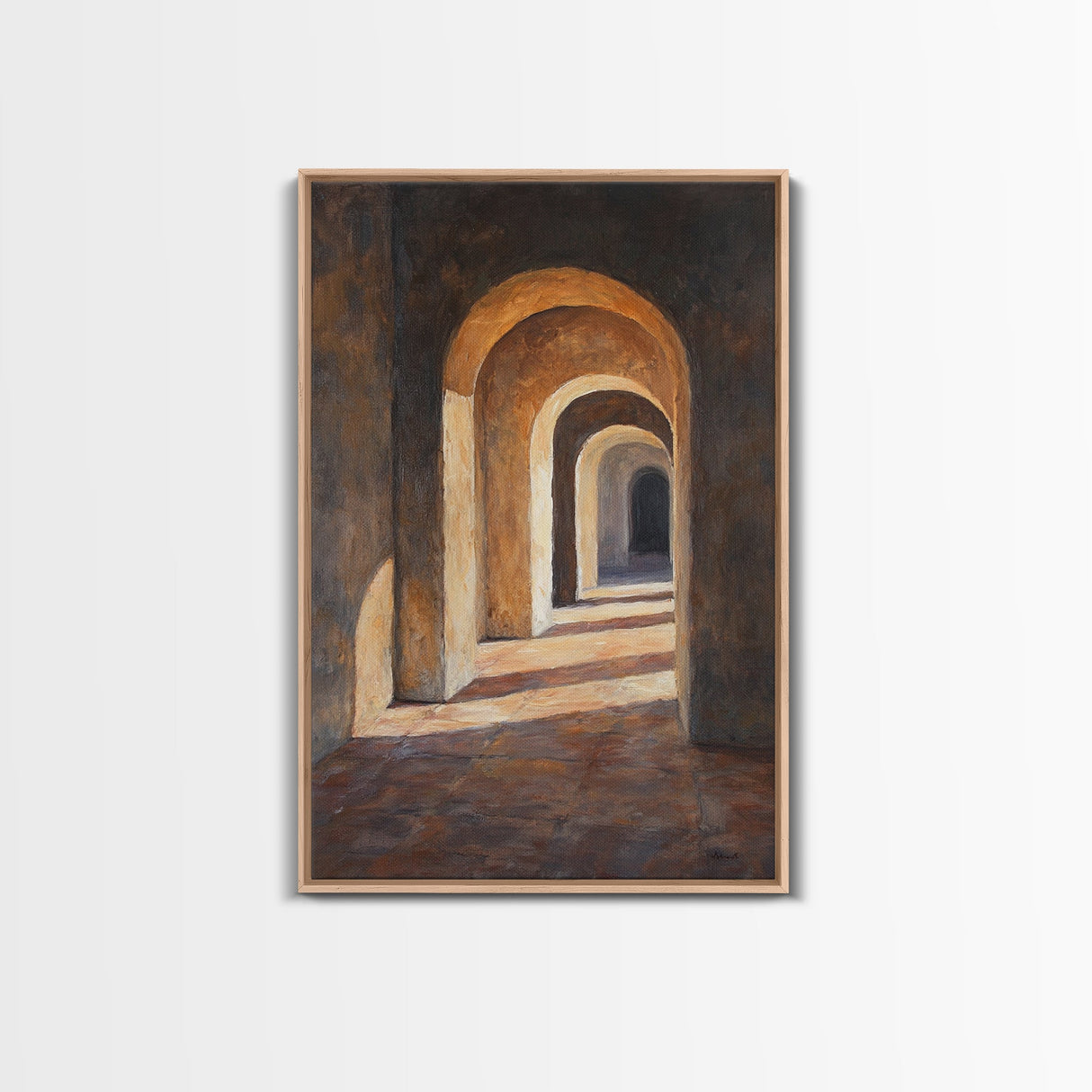Sunlight Peaks Through the Pillars, Framed Canvas Print, Moroccan Style Wall Art, Moroccan Painting, Paint of Morocco