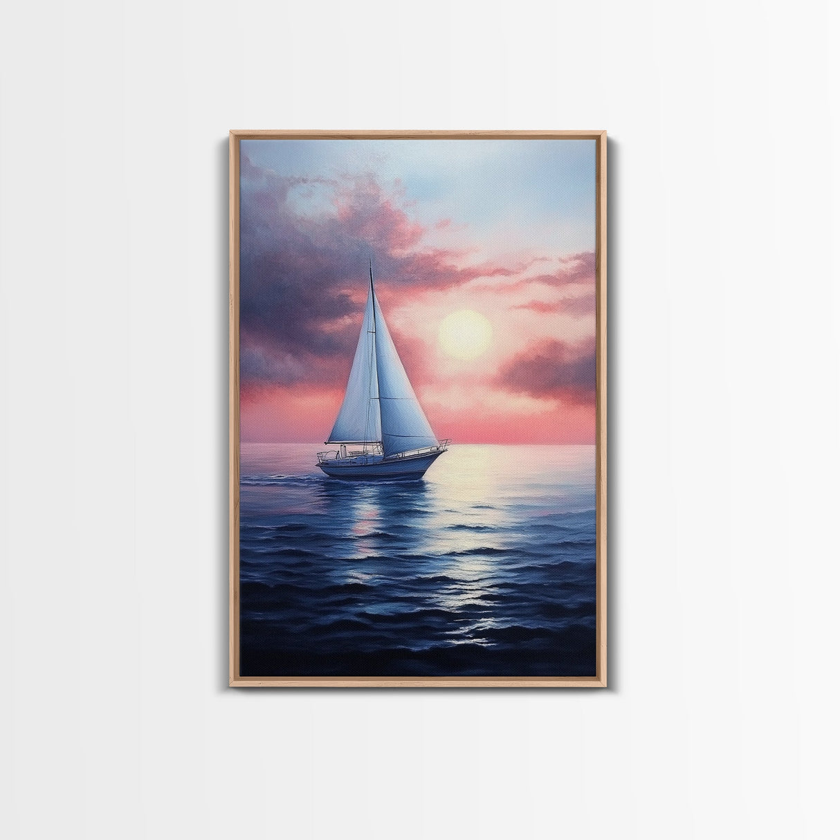 Vaporwave Sail Boat at Sunset, Framed Canvas Print, Retro Sail Boat Painting