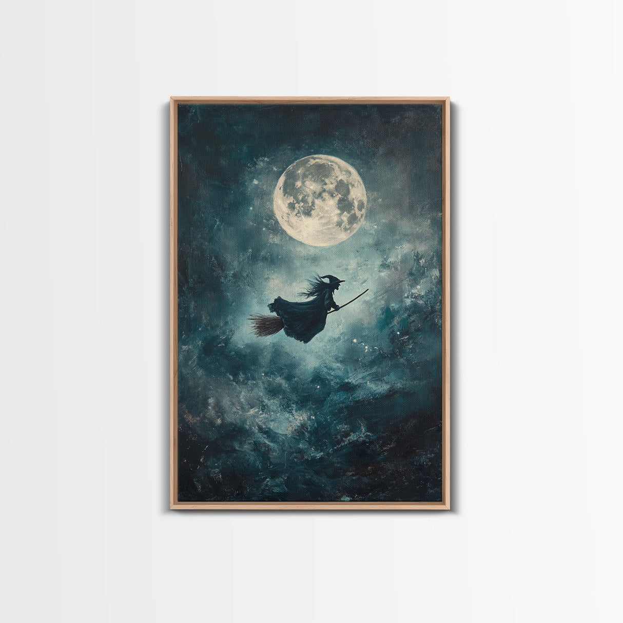 Witchy Decor, Witch Wall Art, Witch Riding a Broom Under a Full Moon, Witch Painting, Framed Canvas Print, Witchy Wall Art, Halloween Decor