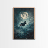 Witchy Decor, Witch Wall Art, Witch Riding a Broom Under a Full Moon, Witch Painting, Framed Canvas Print, Witchy Wall Art, Halloween Decor