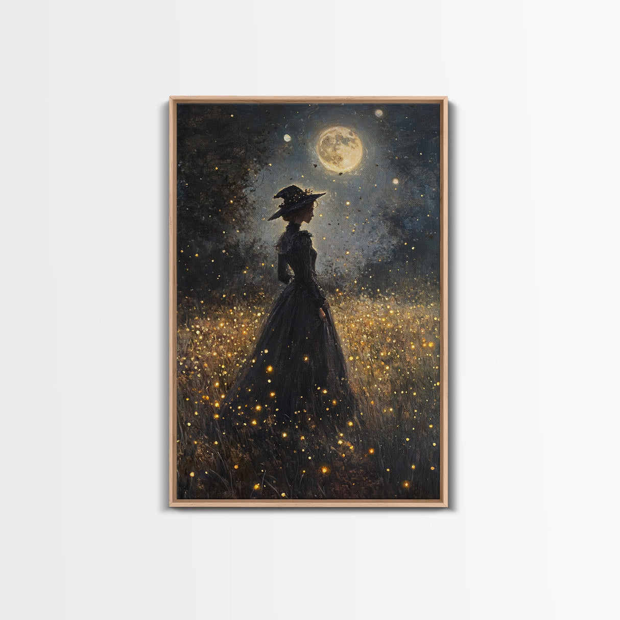 Witch Under a Full Moon Framed Canvas Print, Vintage Art Prints, Dark Academia, Witchy Gifts, Halloween Prints, Gothic Wall Art