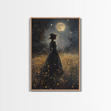 Witch Under a Full Moon Framed Canvas Print, Vintage Art Prints, Dark Academia, Witchy Gifts, Halloween Prints, Gothic Wall Art