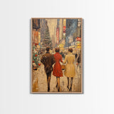 Retro Christmas Town Scene with Shoppers Walking The Streets, Framed Canvas print, Holiday Street Decor, Framed Canvas Winter Wall Art