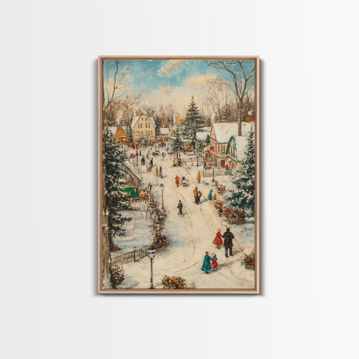 Christmas Village Mantle Painting, Christmas Mantle Wall Art, Framed Canvas Print, Retro Christmas, Vintage Christmas Painting Wall Art