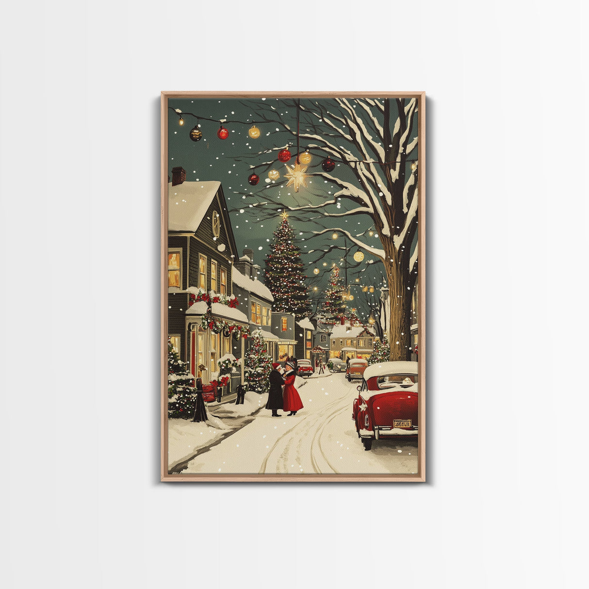Vintage Christmas Wall Art, Framed Canvas Print, Vintage Art Print, Christmas Village Painting, Christmas Wall Art, Christmas Print