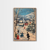 Ice Skating in The Streets on Christmas Morning Framed Canvas Print - Retro Christmas Village Wall Art - Christmas Above Mantle Centerpiece Art