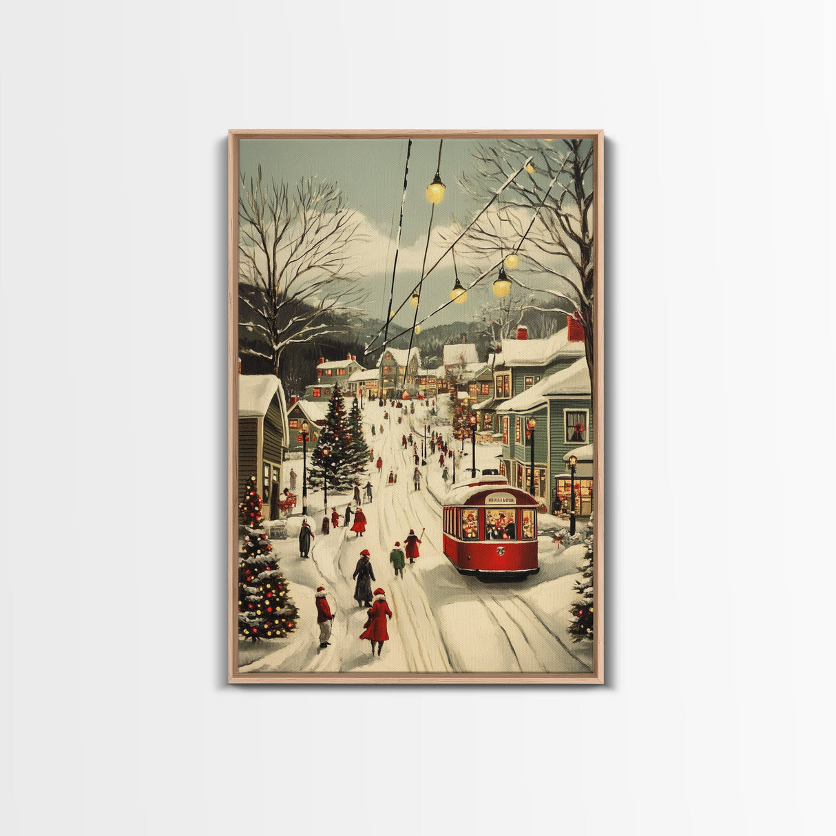 Vintage Christmas Trolley Painting Print, Framed Canvas Art, Christmas Village Wall Art