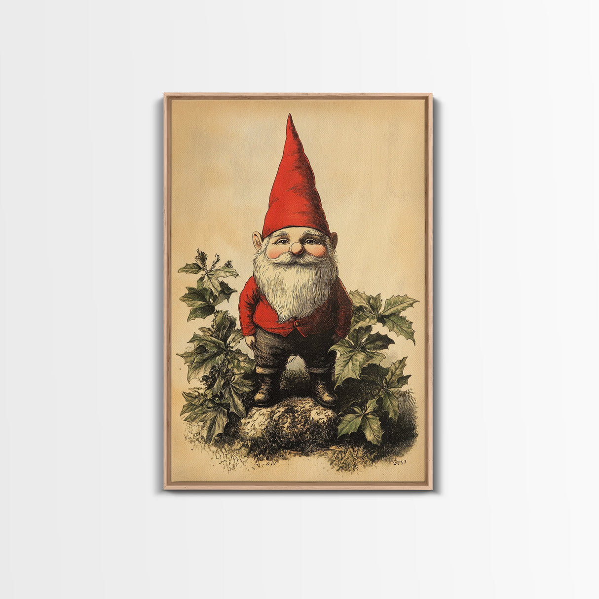 Painting of a Gnome Canvas Print - Framed Canvas - Minimalist Christmas Art - Boho Christmas Art - Rustic Christmas Art