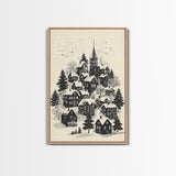 Black and White Sketch of A Christmas Village Canvas Print - Framed Canvas - Minimalist Christmas Art - Boho Christmas Art - Rustic Christmas Art