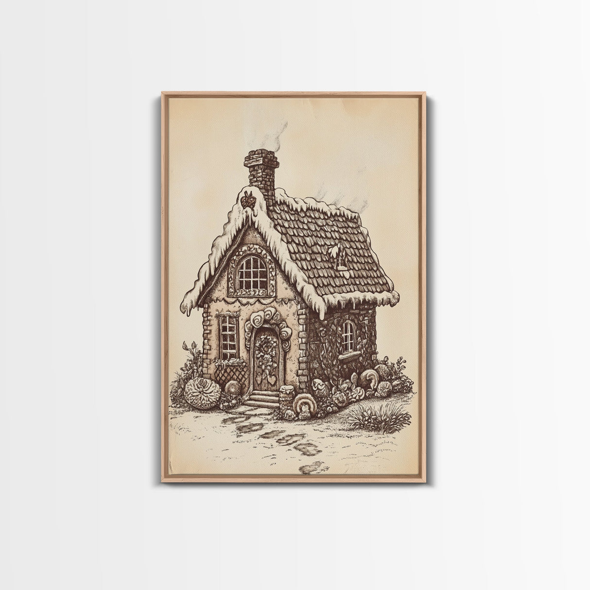 Ginger Bread House Canvas Print - Framed Canvas - Minimalist Christmas Art - Boho Christmas Art - Rustic Christmas Art