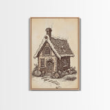 Ginger Bread House Canvas Print - Framed Canvas - Minimalist Christmas Art - Boho Christmas Art - Rustic Christmas Art