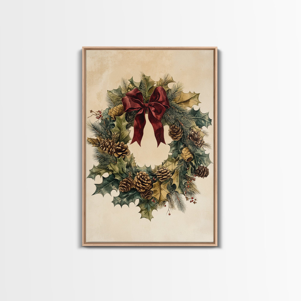 Vintage Christmas Wreath Canvas Print - Framed Canvas - Minimalist Christmas Art - Boho Christmas Art - Rustic Christmas Art