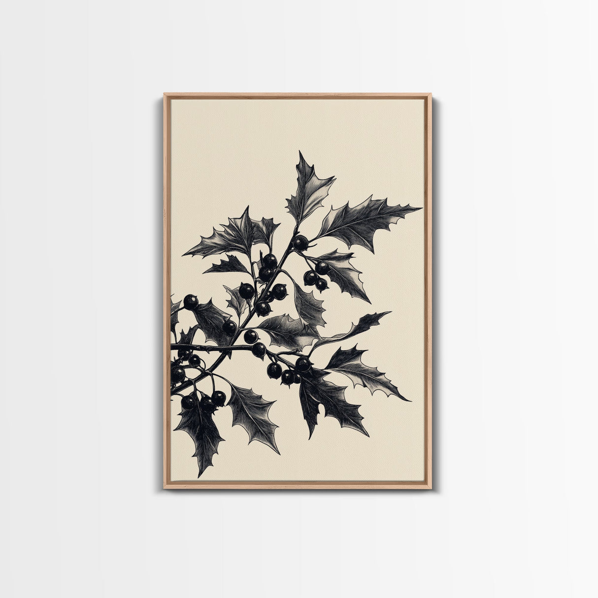 Vintage Holly Branch Canvas Print - Framed Canvas - Minimalist Christmas Art - Boho Christmas Art - Rustic Christmas Art