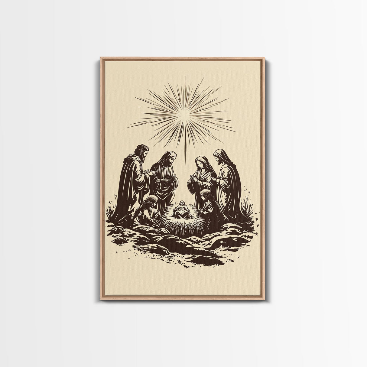 Nativity Scene Canvas Print - Framed Canvas - Minimalist Christmas Art - Boho Christmas Art - Rustic Christmas Art - Nativity Painting