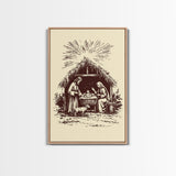Retro Nativity Scene Canvas Print - Framed Canvas - Minimalist Christmas Art - Boho Christmas Art - Rustic Christmas Art