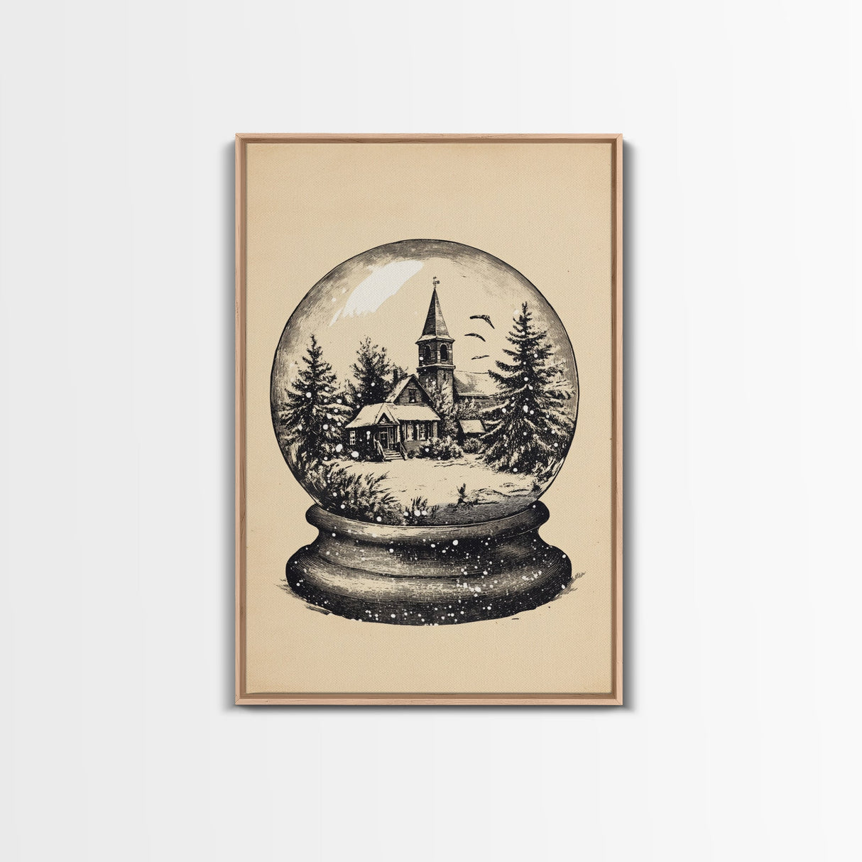 Retro Christmas Snowglobe Canvas Print - Framed Canvas - Minimalist Christmas Art - Boho Christmas Art - Rustic Christmas Art