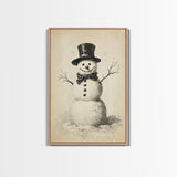 Retro Snowman Canvas Print - Framed Canvas - Minimalist Christmas Art - Boho Christmas Art - Rustic Christmas Art