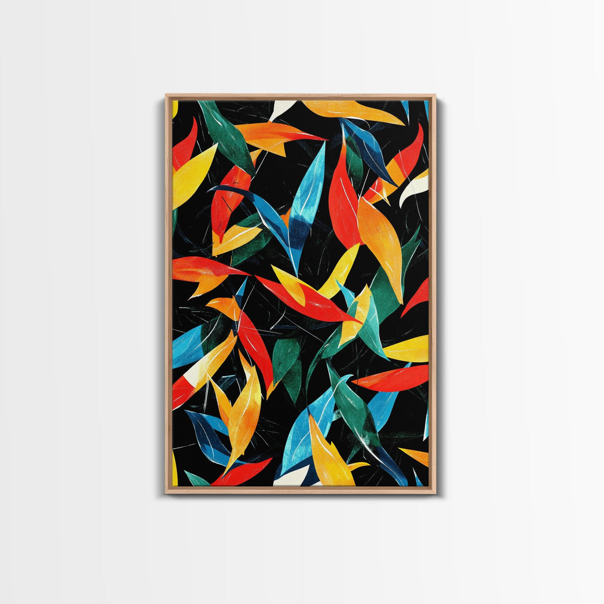 Fall Leaves Abstract Art Print, Wood Framed Art, Retro Mid-Century Modern Botanical Pattern Wall Art Print, 1950s Style Home Decor