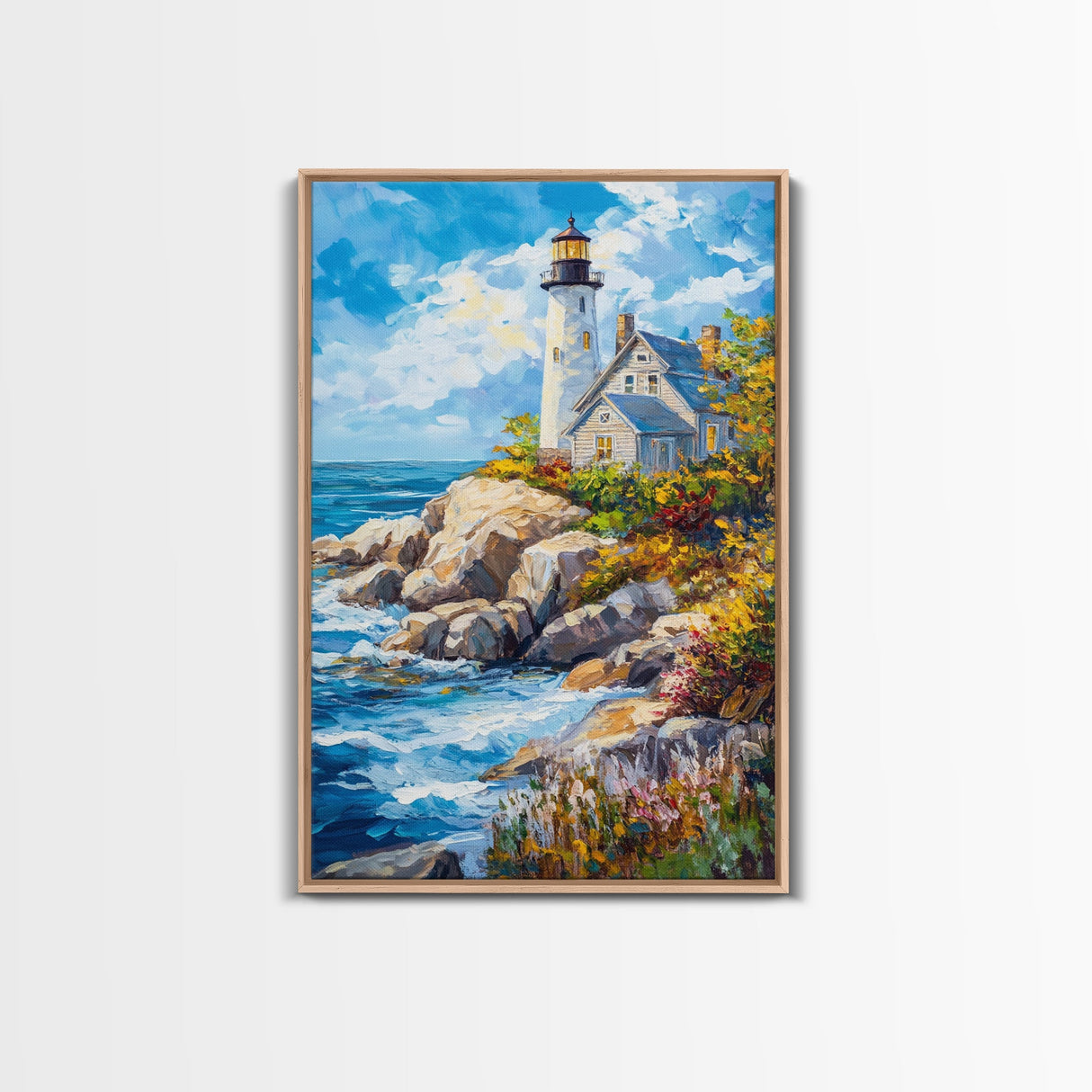 Lighthouse in Maine Framed Canvas Print, Maine Oil Painting, Coastoal Home Decor, Nautical Wall Art, Light House Oil Painting