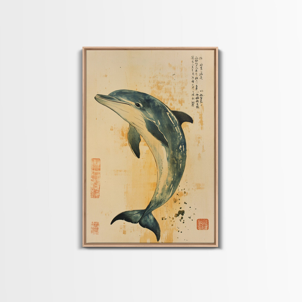 Japanese Style Dolphin Print, Nautical Decor, Framed Canvas Print, Dolphin Painting, Dolphin Art, Gift For Him, Office Art