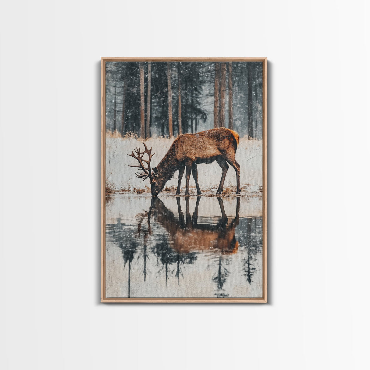Elk Drinking Water Oil Painting Print, Framed Canvas, Deer Drinking Water In Forest Painting, Nature Decor, Cabin Wall Art, Winter Wall Art