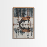 Elk Drinking Water Oil Painting Print, Framed Canvas, Deer Drinking Water In Forest Painting, Nature Decor, Cabin Wall Art, Winter Wall Art