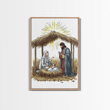 Retro Nativity Painting Print, Christmas Wall Art, Jesus in his Manger, Nativity Wall Art, Rustic Christmas Decor