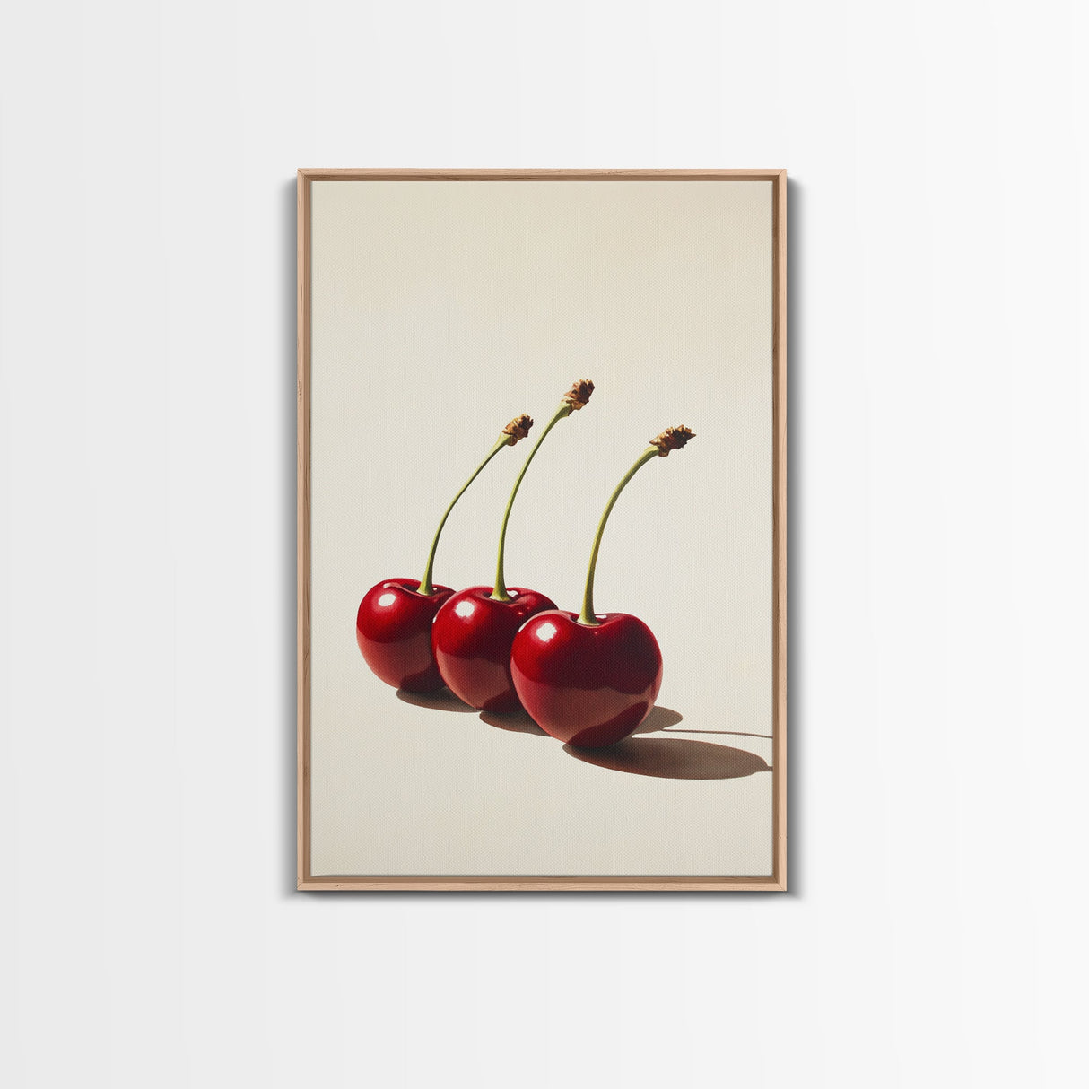 Three Cherries Framed Canvas Print, Cherry Painting, Cherry Wall Art, Ready To Hang Painting, Framed Wall Art, Photorealism, Fruit Art