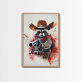 Wild West Racoon Cowboy Watercolor Painting Print, Rustic Home Decor, Framed Canvas Ready To Hang