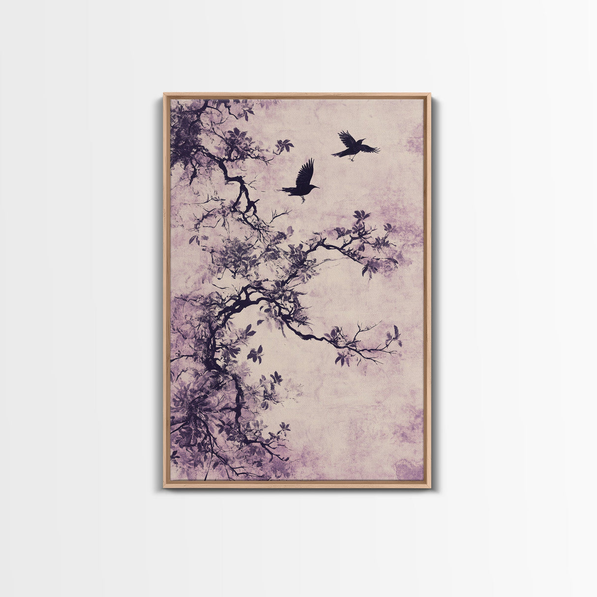 Wabi Sabi Floral Print Framed Canvas Art, Minimalist Home Decor, Purple trees with Crows, Purple Art, Boho Style Modern Art