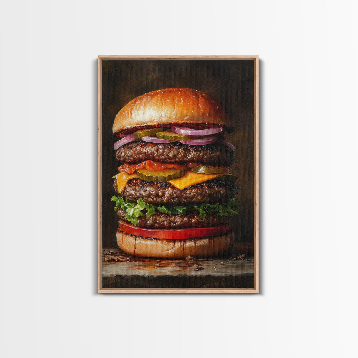 The Burg' Canvas Print, Retro Still Life Oil Painting Of a Hamburger, Canvas Print, Kitchen Decor, Dining Room Art, Funny Wall Art