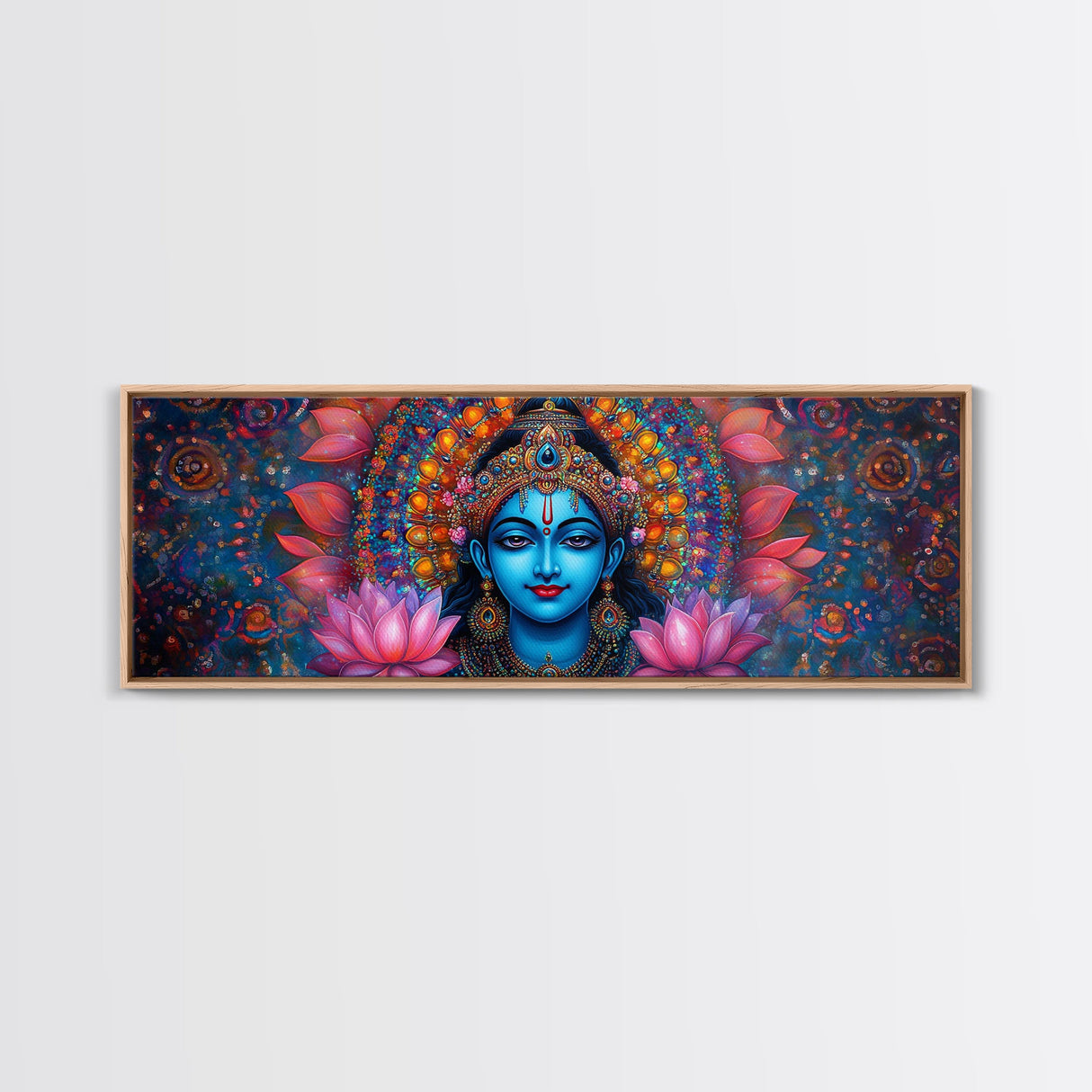 Krishna Painting Print, Ready To Hang Canvas Wall Art, Radha Krishna Art, Panoramic Art, Extra Wide Horizontal Art, Hinduism Wall Art