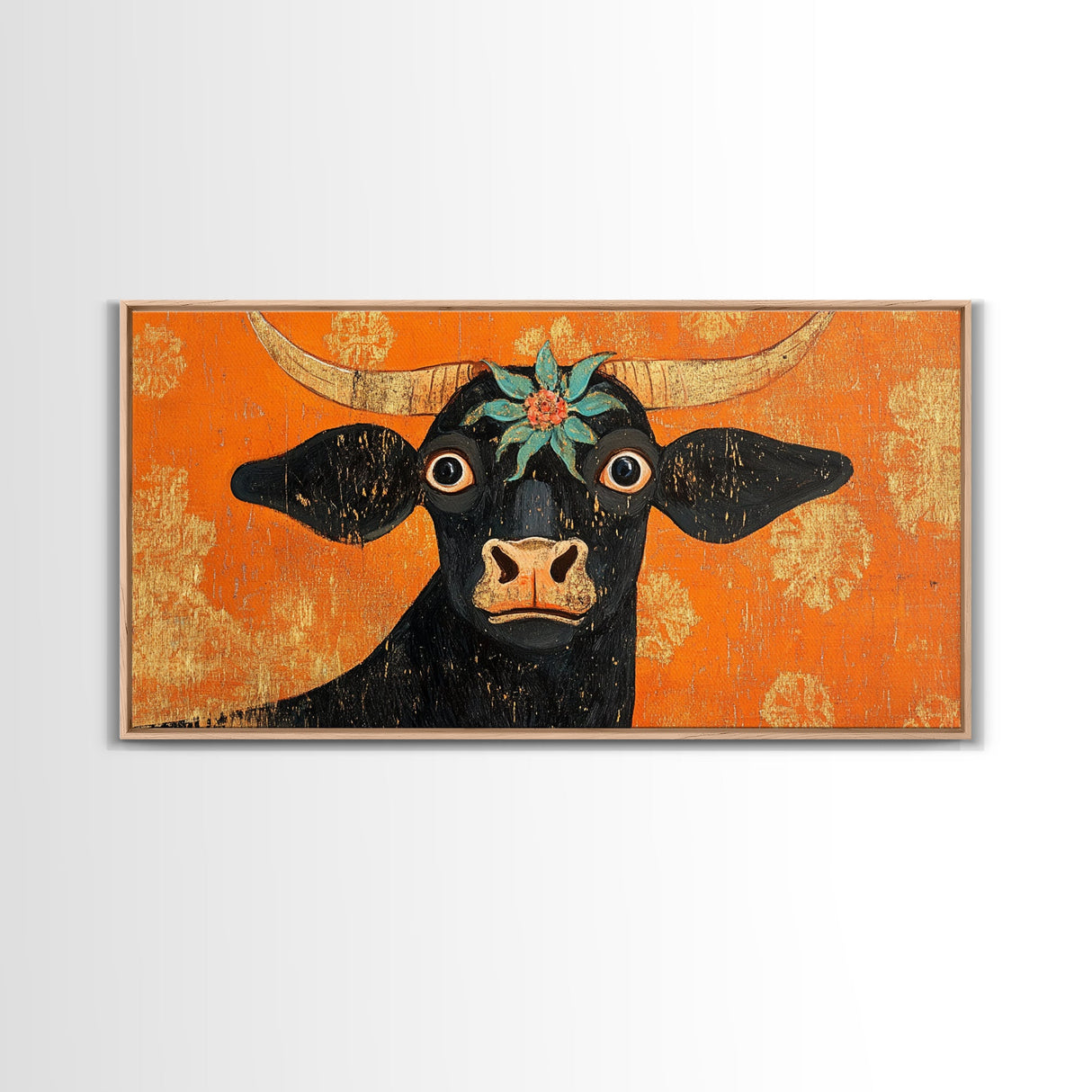Abstract Wide Eyed Cow, Funny Art, Framed Canvas Print, Chicano Wall Art, Mexican Style Art, Farmhouse Decor, Cow Painting, Cow Print