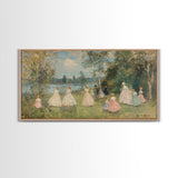 Victorian Spring, Framed Canvas Print, Victorian Style Oil Painting of Ladies On The River