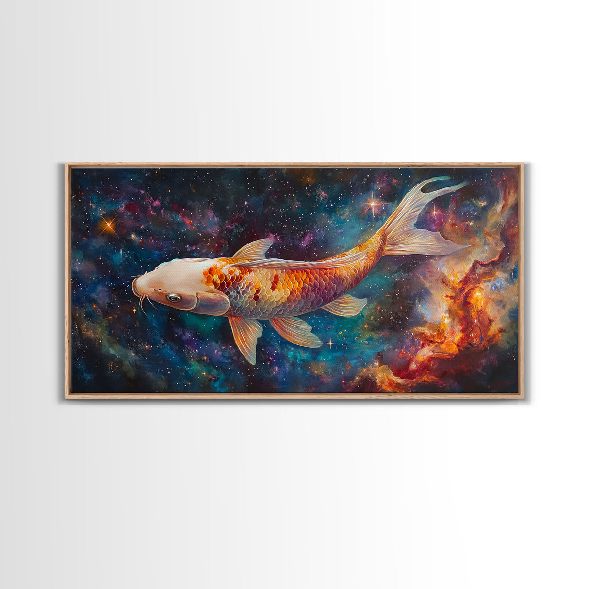 Koi Fish in Space, Framed Canvas Print, Abstract Wabi Sabi Style Painting, Koi Fish Home Decor, Japanese Style Artwork, Boho Decor