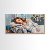 Decadent Young Woman Inspired Wall Art, Framed Canvas Print, Victorian Oil Painting Of a Woman Taking a Nap, Cute Bedroom Decor