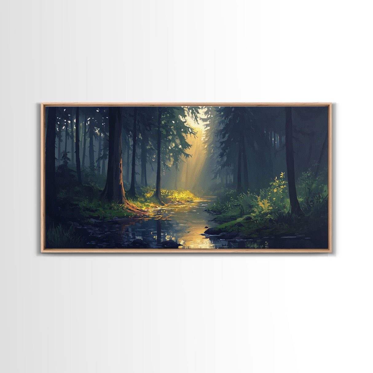 Sun Shines Through The Forest Trees, Framed Canvas Print, Fantasy Landscape Painting, Forest Landscape Oil Painting Print, Living Room Decor