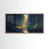 Sun Shines Through The Forest Trees, Framed Canvas Print, Fantasy Landscape Painting, Forest Landscape Oil Painting Print, Living Room Decor
