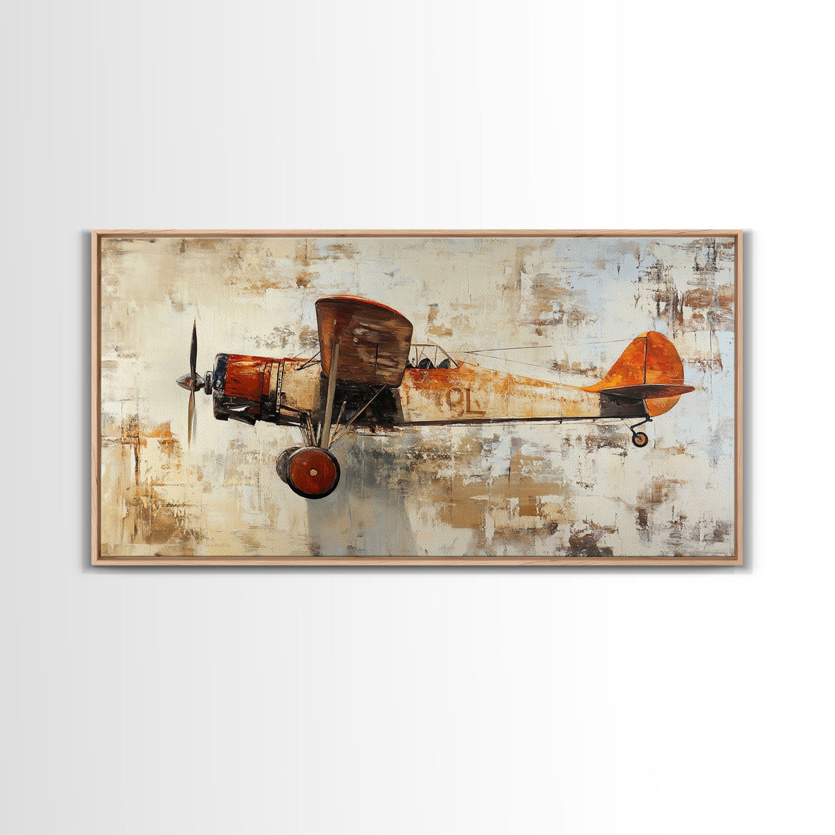 Retro 1920s Airplane In Flight Framed Canvas Print, Airplane Painting, Biplane Painting, Office Decor, Office Wall Art