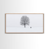 Solitude - Framed Canvas Print - Ready To Hang Wall Art - Winter Decor - Lone Tree In A Snow Covered Valley - Winter Landscape Painting