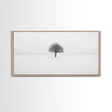 Footprints In the Snow Lead To a Lone Dead Tree - Framed Canvas Print - Ready To Hang Art - Moody Wall Art - Black and White Photography Print