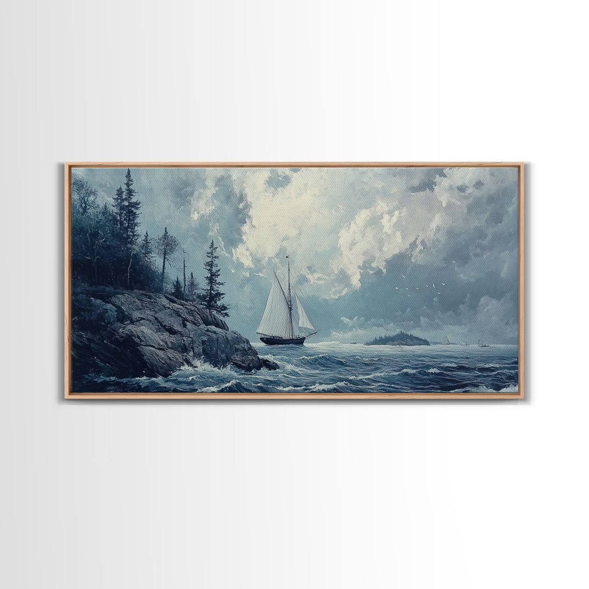 Pirate Ship Off The Coast, Framed Canvas Print, Wood Framed Art, Nautical Decor, Sailboat Painting