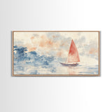 Sailboat sails at Dawn Framed Canvas Print - Nautical Decor - Coastal Decor - Neutral Seascapes Painting - Modern Wall Art