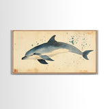 Retro Minimalist Dolphin Painting, Dolphin Home Decor, Framed Canvas Print, Nautical Decor, Elegan Japanese Style Artwork, Wabi Sabi Art