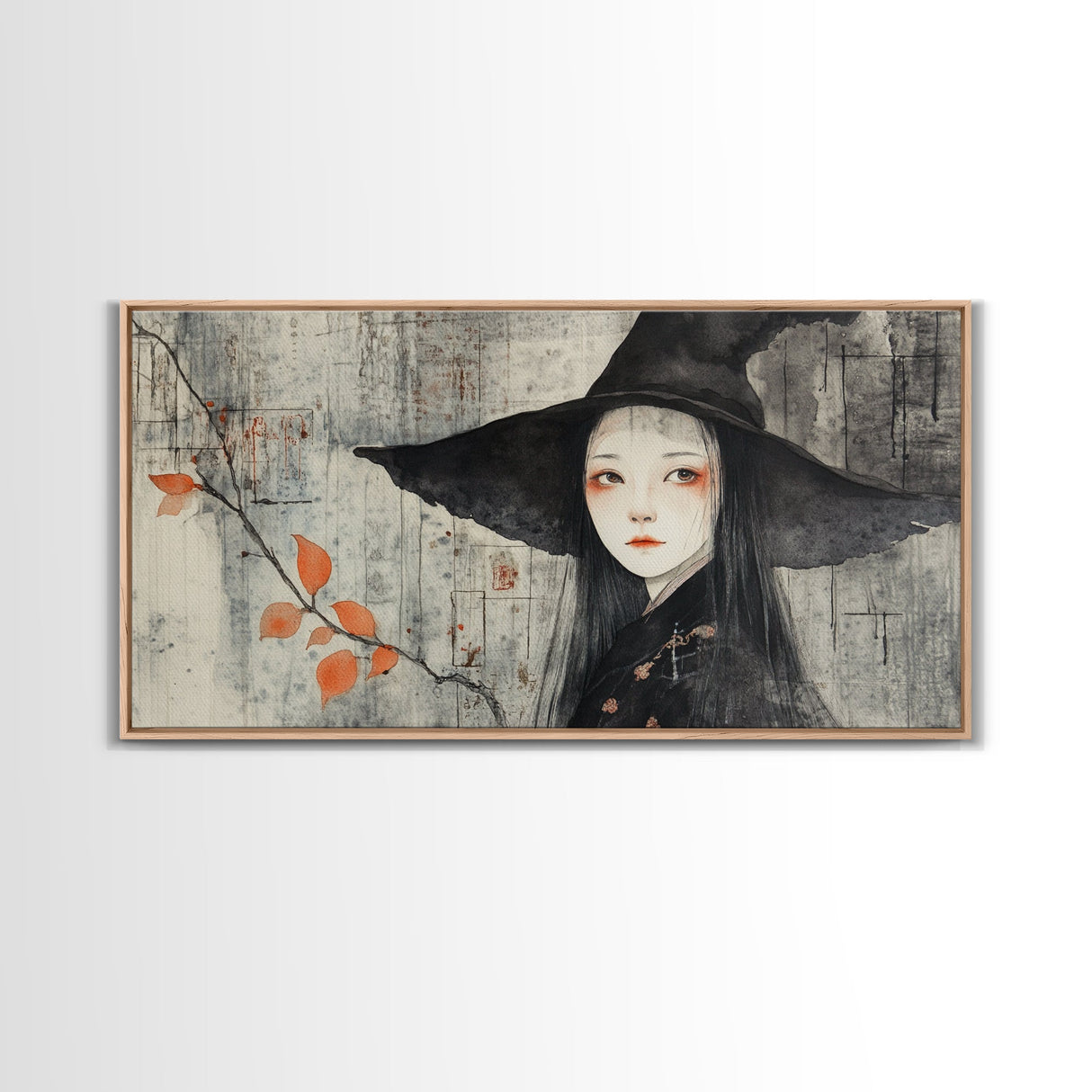 Wabi Sabi Japanese Witch Portrait - Framed Canvas Print - Wood Framed Art - Japanese Style Witchy Wall Art