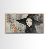 Wabi Sabi Japanese Witch Portrait - Framed Canvas Print - Wood Framed Art - Japanese Style Witchy Wall Art