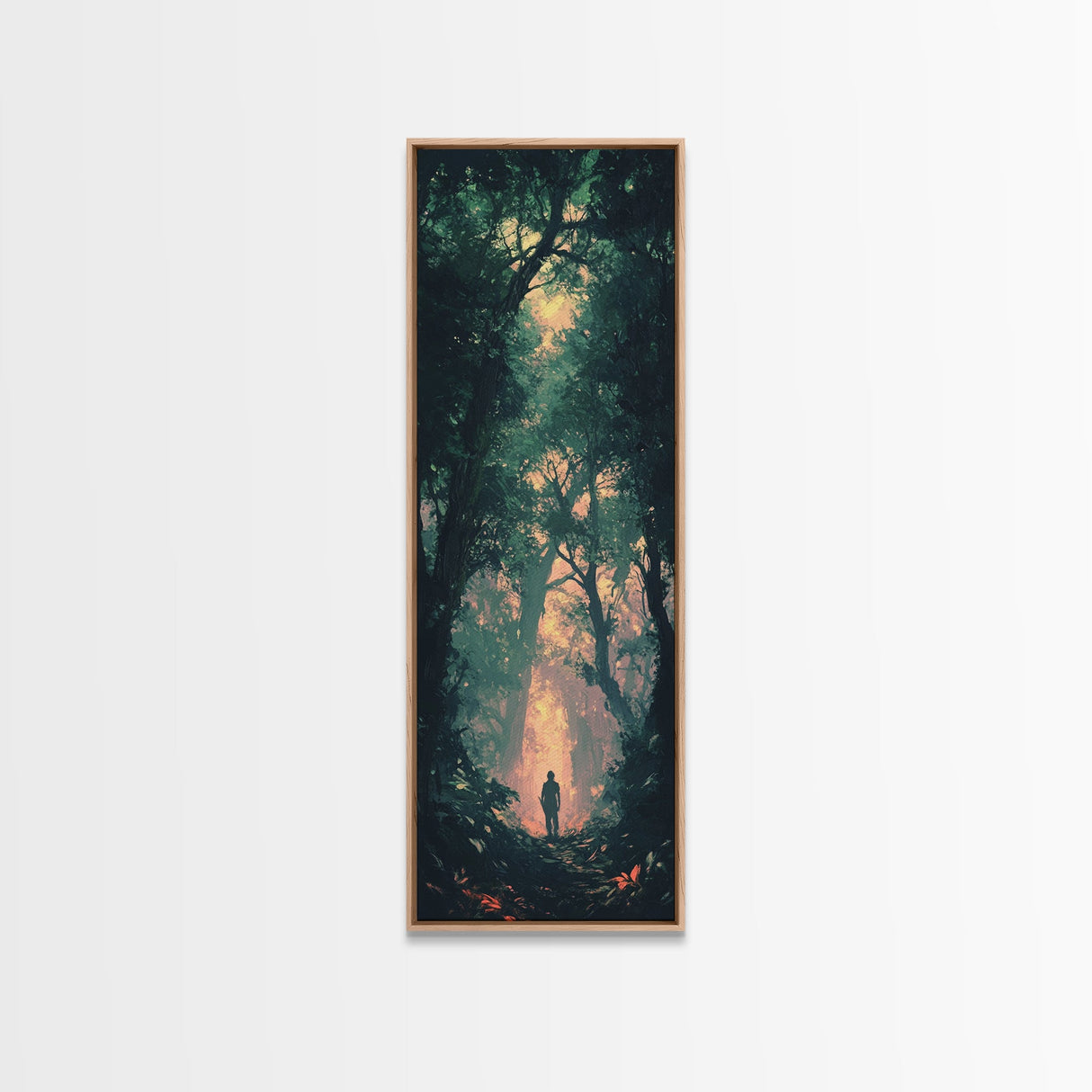 Forest at Dusk Painting Framed Canvas Print Long Narrow Wall Art, Rustic Decor Above Couch Art, Tall Skinny Art Gift Idea Christmas