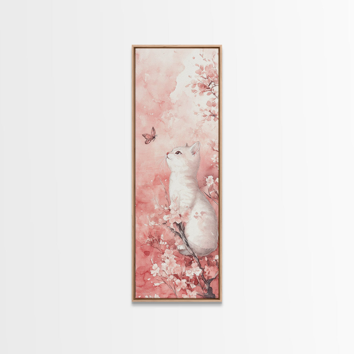 White Cat and Butterfly Canvas Print Light Pink Wall Art Cherry Blossom Painting Whimsical Art Bedroom Decor Gift Idea